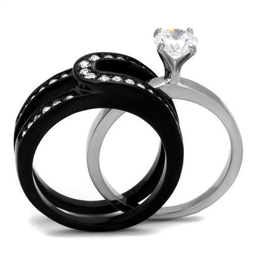 TK2303 Two-Tone IP Black Stainless Steel Ring featuring AAA Grade Clear CZ stone, showcasing a modern and elegant design.