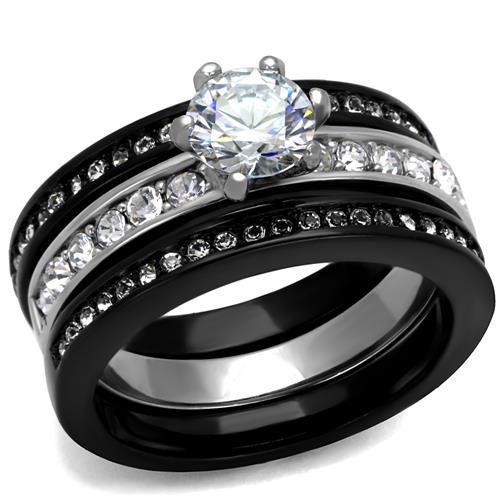 TK2304 Two-Tone IP Black Stainless Steel Ring featuring a clear AAA grade CZ stone, showcasing a modern and elegant design.