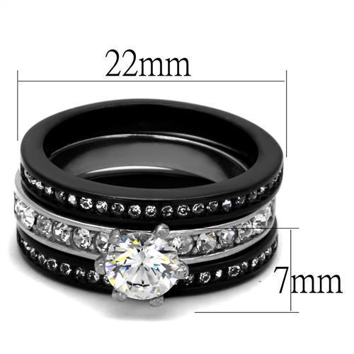 TK2304 Two-Tone IP Black Stainless Steel Ring featuring a clear AAA grade CZ stone, showcasing a modern and elegant design.