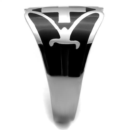 TK2314 High Polished Stainless Steel Ring featuring a Jet Epoxy center stone, showcasing its elegant design and shiny finish.