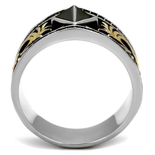 TK2232 Two-Tone IP Gold Stainless Steel Ring featuring a jet synthetic glass center stone, showcasing a modern and elegant design.