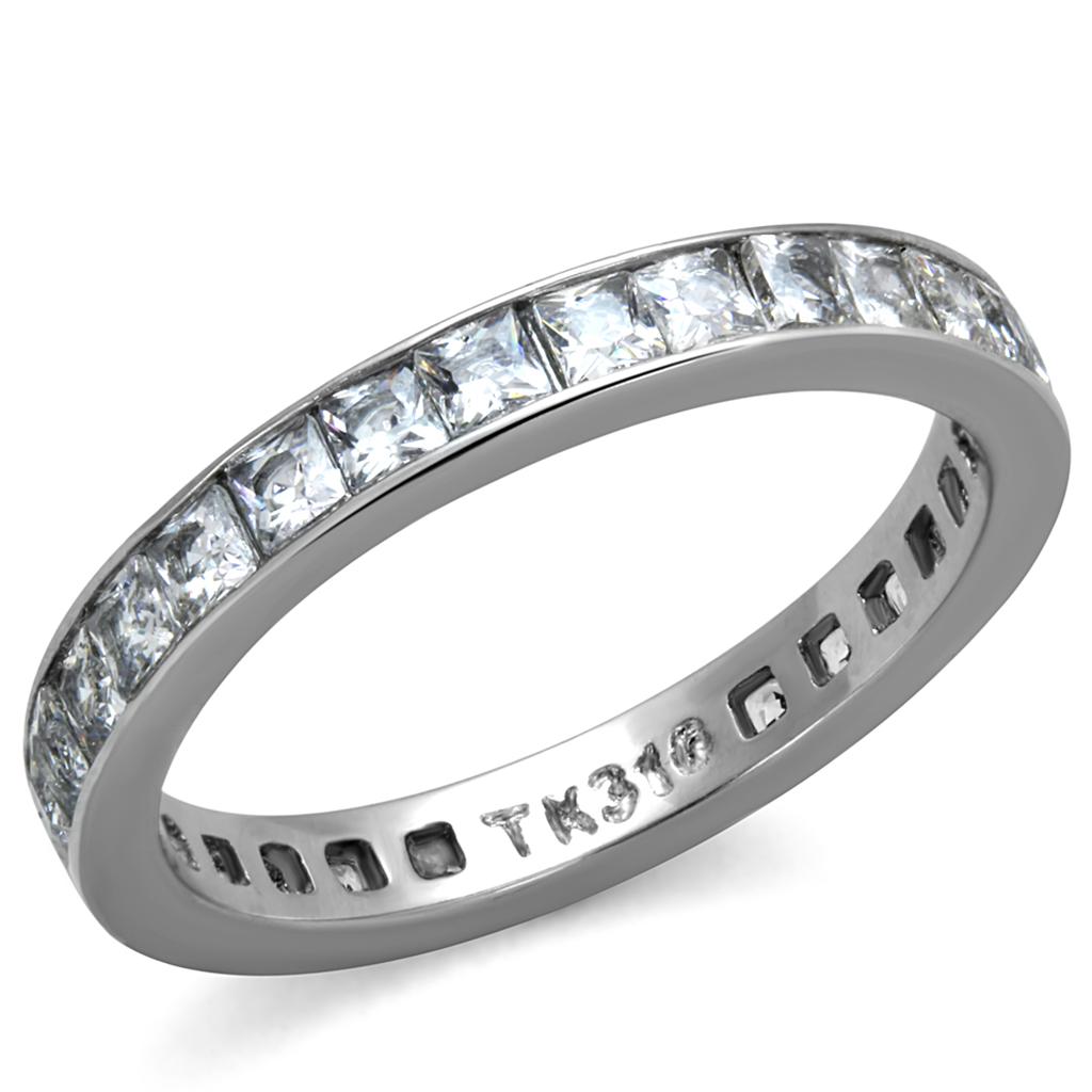 TK2344 High Polished Stainless Steel Ring featuring a clear AAA Grade CZ stone, showcasing its elegant design and shiny finish.