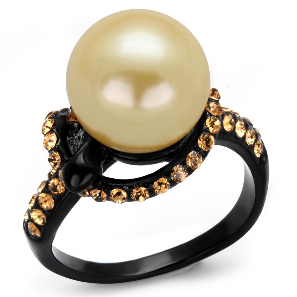 TK2349 IP Black Stainless Steel Ring featuring a synthetic topaz pearl centerpiece, showcasing a sleek and modern design.