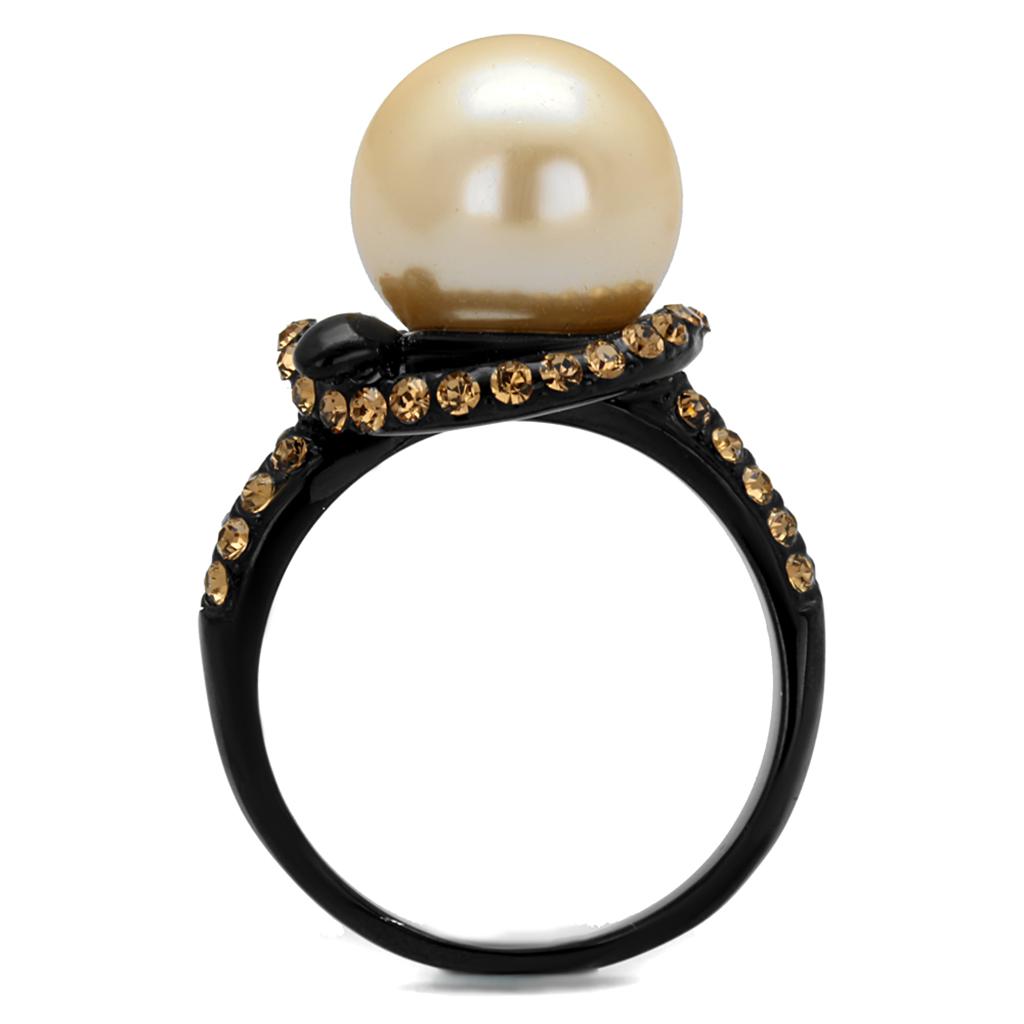 TK2349 IP Black Stainless Steel Ring featuring a synthetic topaz pearl centerpiece, showcasing a sleek and modern design.