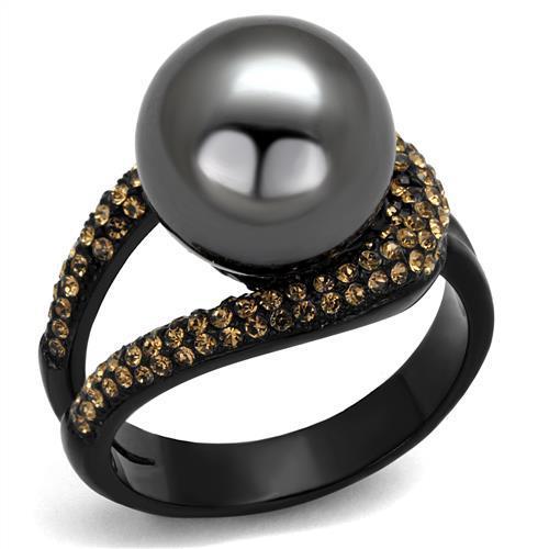 TK2350 IP Black Stainless Steel Ring featuring a synthetic gray pearl, showcasing its sleek design and modern finish.