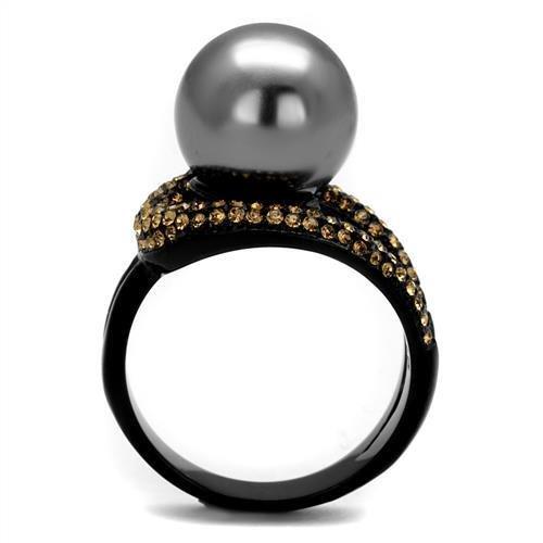 TK2350 IP Black Stainless Steel Ring featuring a synthetic gray pearl, showcasing its sleek design and modern finish.