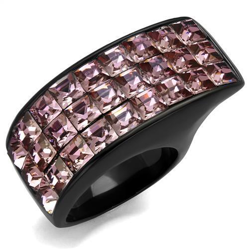 TK2359 IP Black Stainless Steel Ring featuring a Top Grade Light Rose crystal, showcasing a modern design with a sleek finish.