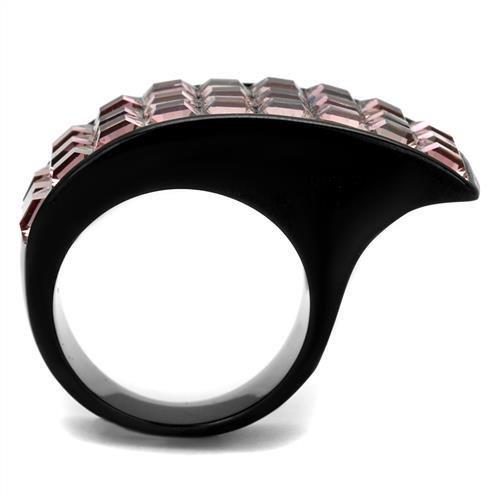 TK2359 IP Black Stainless Steel Ring featuring a Top Grade Light Rose crystal, showcasing a modern design with a sleek finish.