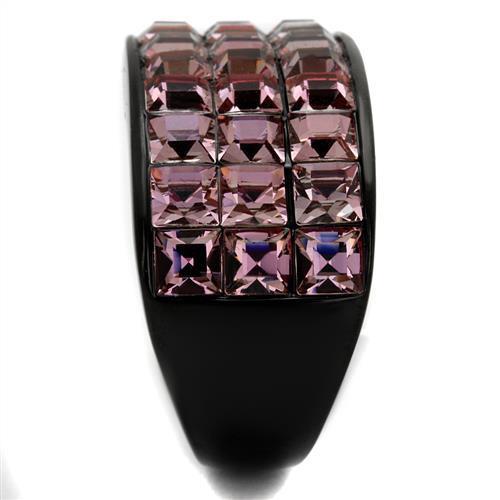 TK2359 IP Black Stainless Steel Ring featuring a Top Grade Light Rose crystal, showcasing a modern design with a sleek finish.