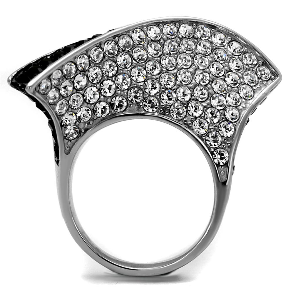 TK2361 Two-Tone IP Black Stainless Steel Ring featuring a jet-colored top-grade crystal centerpiece, showcasing a modern and elegant design.