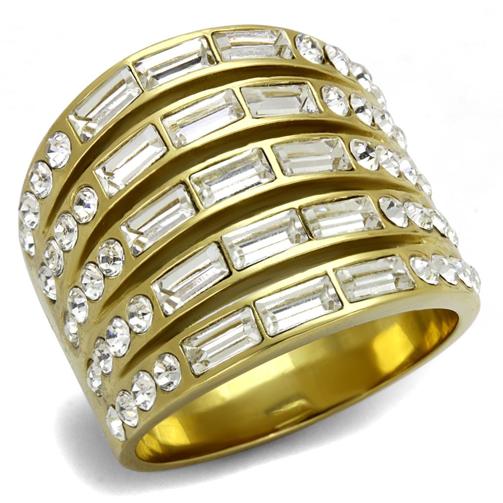 TK2362 IP Gold Stainless Steel Ring featuring a clear top-grade crystal centerpiece, showcasing a luxurious and elegant design.