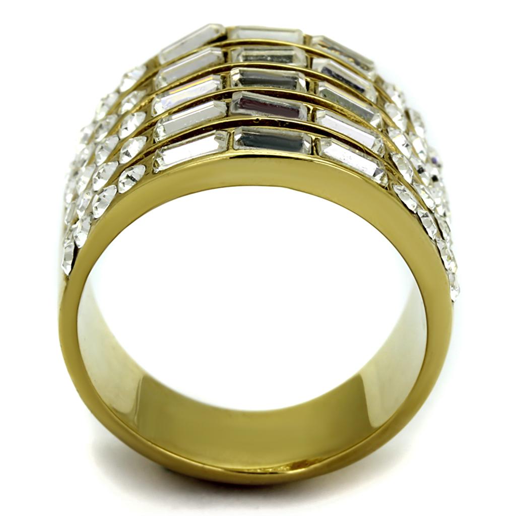 TK2362 IP Gold Stainless Steel Ring featuring a clear top-grade crystal centerpiece, showcasing a luxurious and elegant design.