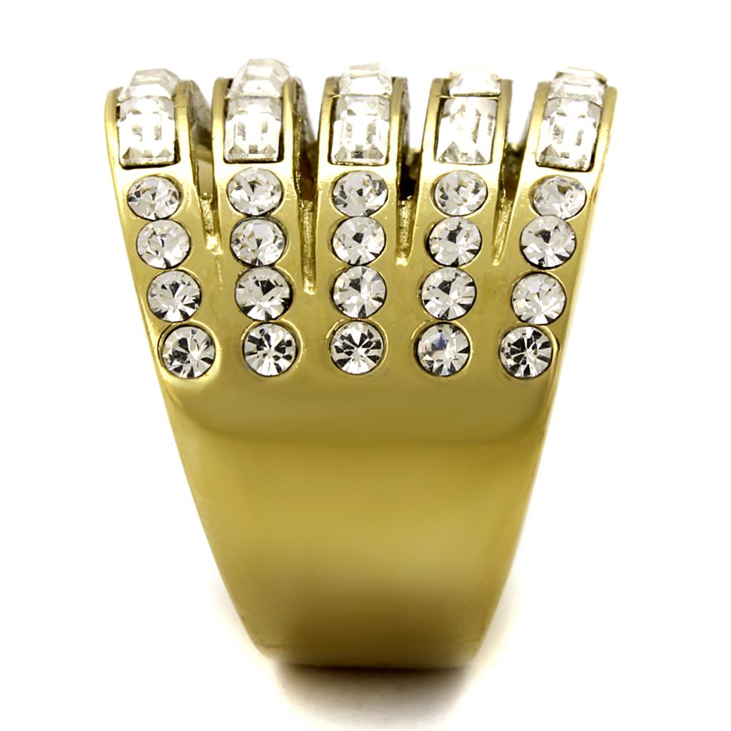 TK2362 IP Gold Stainless Steel Ring featuring a clear top-grade crystal centerpiece, showcasing a luxurious and elegant design.