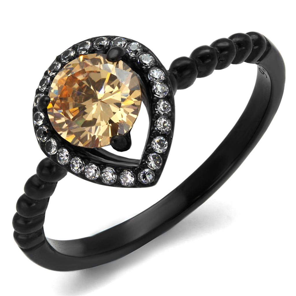 TK2365 IP Black Stainless Steel Ring featuring AAA Grade Champagne CZ stone, showcasing its elegant design and modern finish.