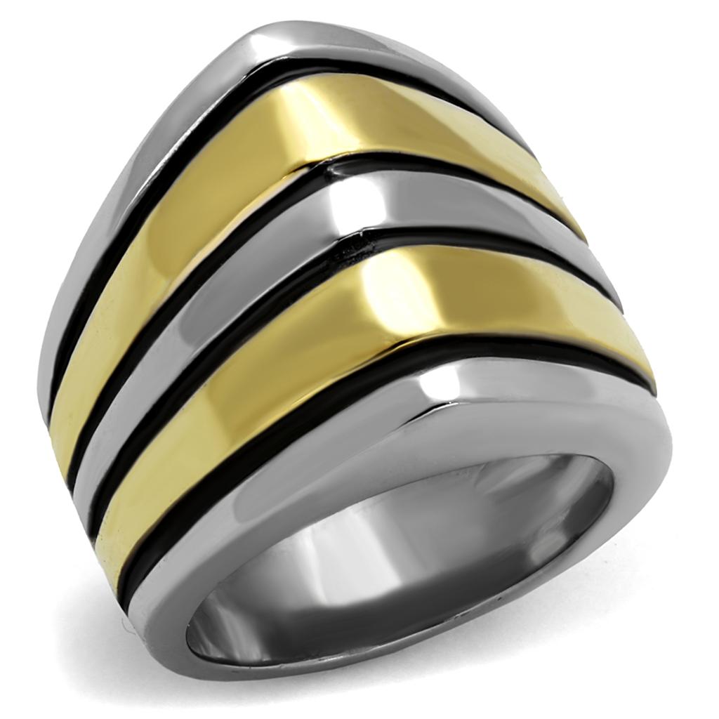 TK2367 Two-Tone IP Gold Stainless Steel Ring featuring a jet epoxy stone, showcasing a luxurious design and durable materials.