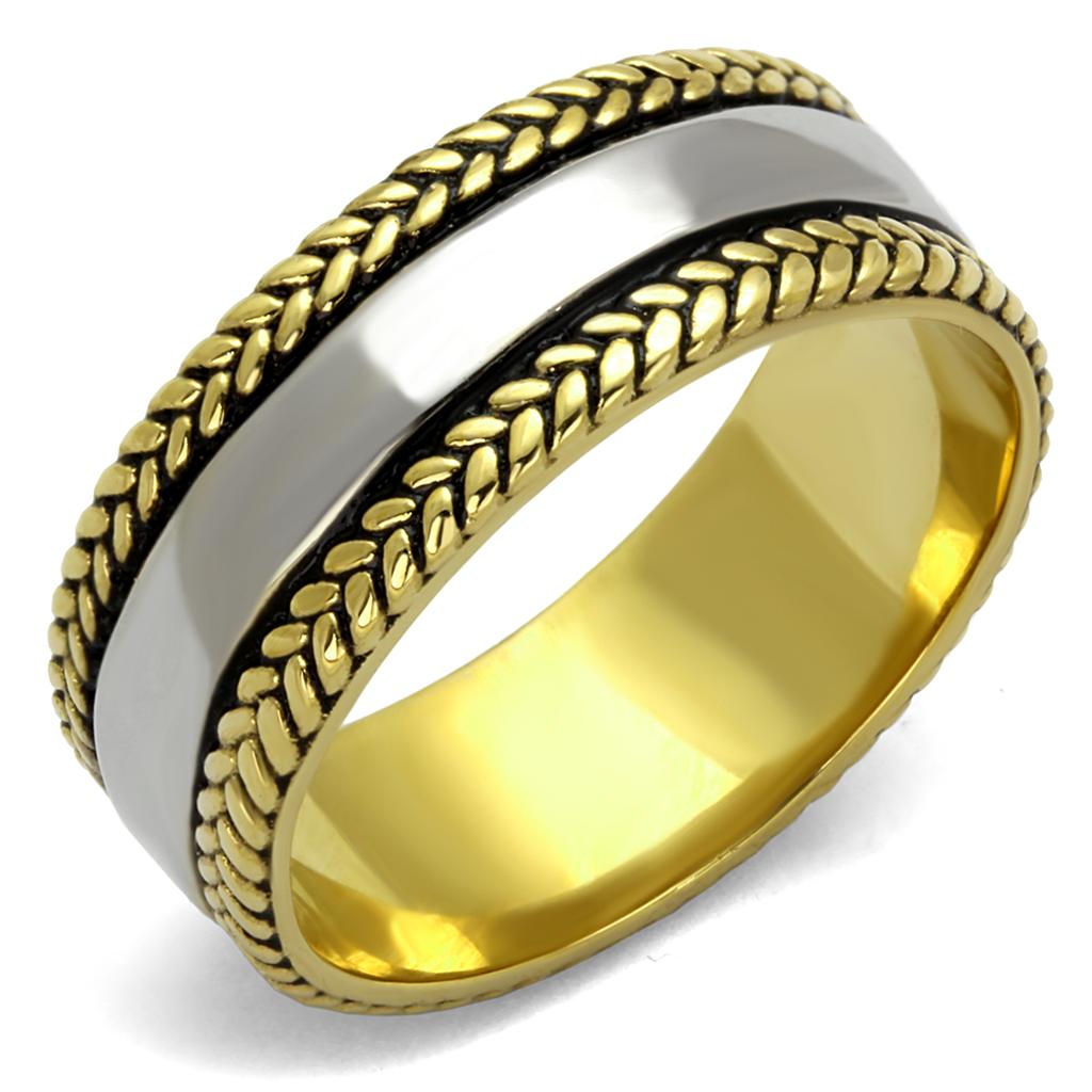 TK2375 Two-Tone IP Gold Stainless Steel Ring featuring a jet epoxy stone, showcasing its elegant design and luxurious finish.