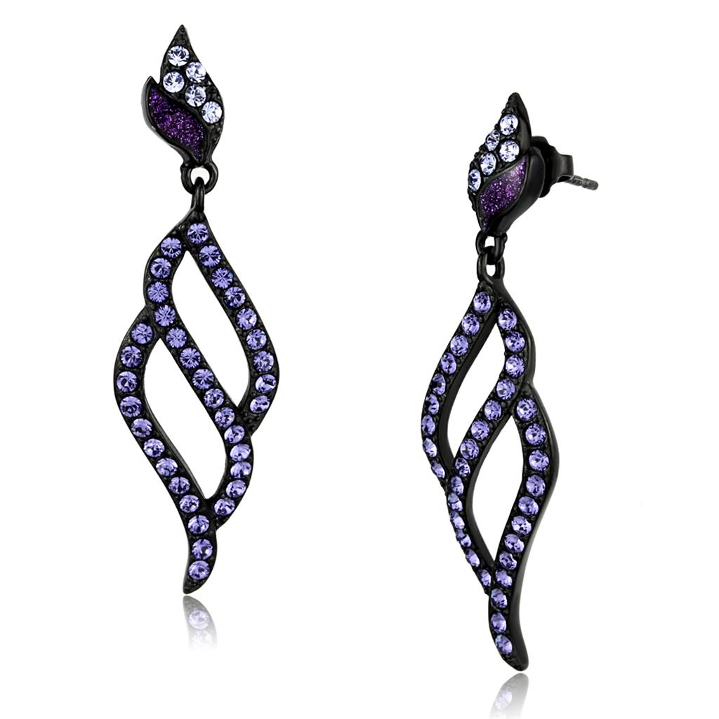 TK2379 IP Black Stainless Steel Earrings featuring top-grade tanzanite crystal, showcasing a modern design with a sleek finish.