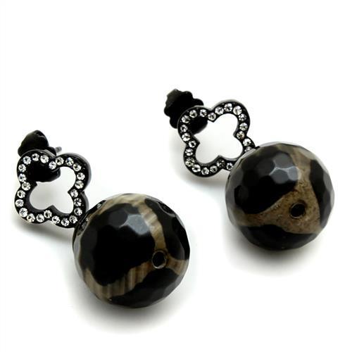 TK2384 IP Black Stainless Steel Earrings featuring synthetic onyx center stone, showcasing a modern and stylish design.