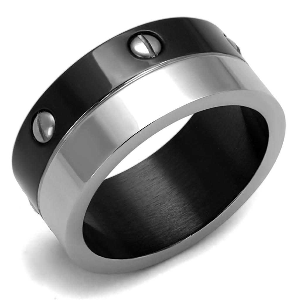 TK2397 Two-Tone IP Black Stainless Steel Ring showcasing its sleek design and modern finish.