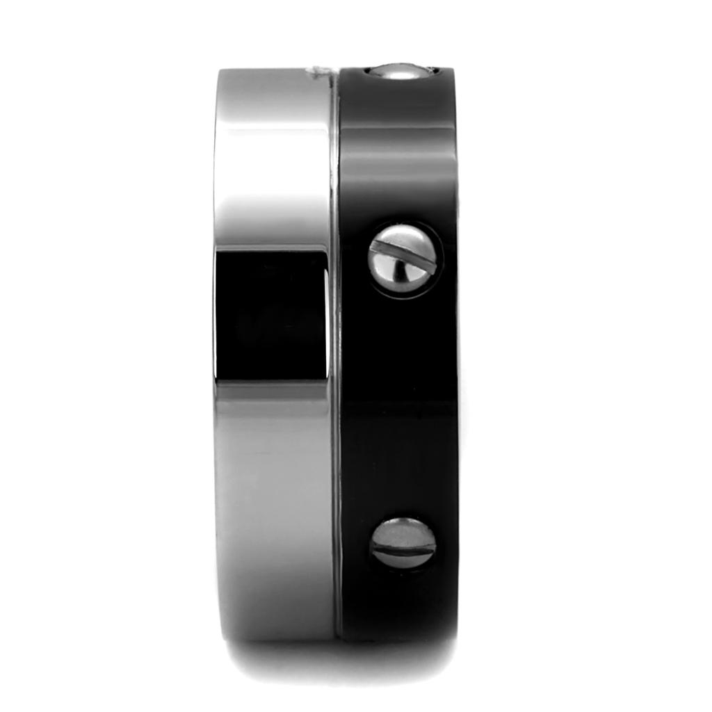 TK2397 Two-Tone IP Black Stainless Steel Ring showcasing its sleek design and modern finish.