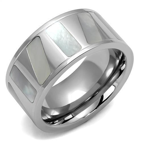 TK2401 High Polished Stainless Steel Ring featuring a white conch precious stone, showcasing its elegant design and shine.