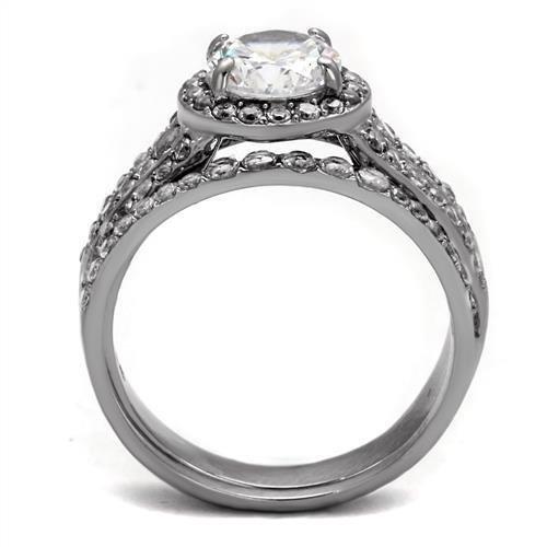 High polished stainless steel ring featuring a clear AAA grade cubic zirconia center stone, showcasing a sleek and elegant design.