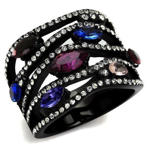 TK2480 IP Black Stainless Steel Ring featuring a multi-color top-grade crystal, showcasing a modern and elegant design.