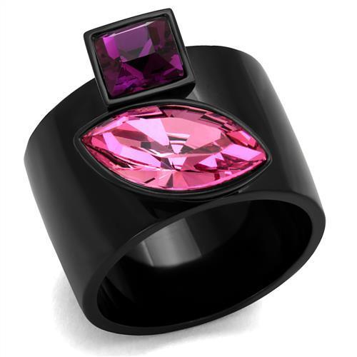 TK2484 IP Black Stainless Steel Ring featuring a rose top grade crystal centerpiece, showcasing a modern and elegant design.