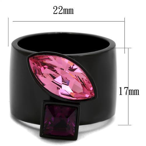 TK2484 IP Black Stainless Steel Ring featuring a rose top grade crystal centerpiece, showcasing a modern and elegant design.