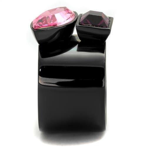 TK2484 IP Black Stainless Steel Ring featuring a rose top grade crystal centerpiece, showcasing a modern and elegant design.