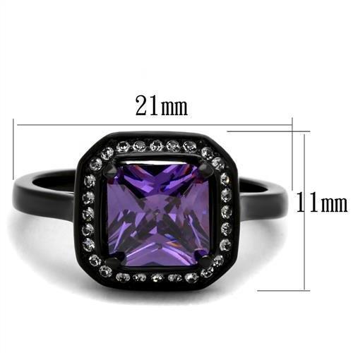 TK2487 IP Black Stainless Steel Ring featuring AAA Grade Amethyst CZ stone, showcasing a modern design with a sleek finish.