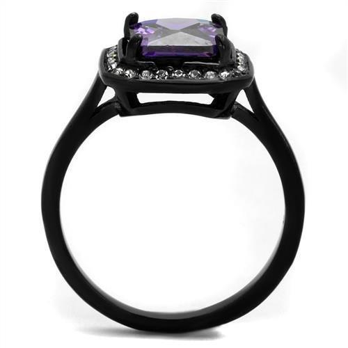 TK2487 IP Black Stainless Steel Ring featuring AAA Grade Amethyst CZ stone, showcasing a modern design with a sleek finish.