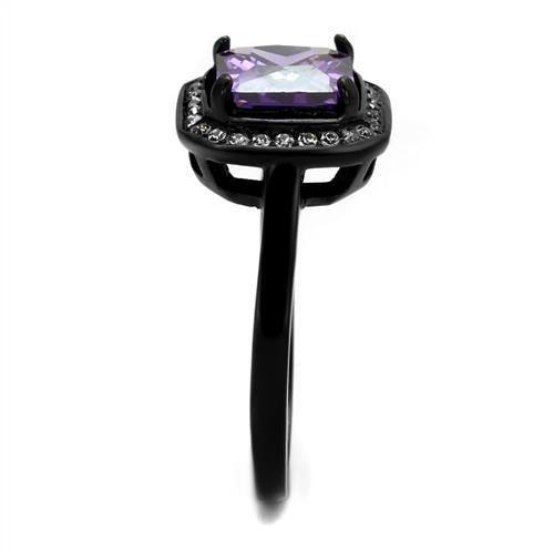 TK2487 IP Black Stainless Steel Ring featuring AAA Grade Amethyst CZ stone, showcasing a modern design with a sleek finish.