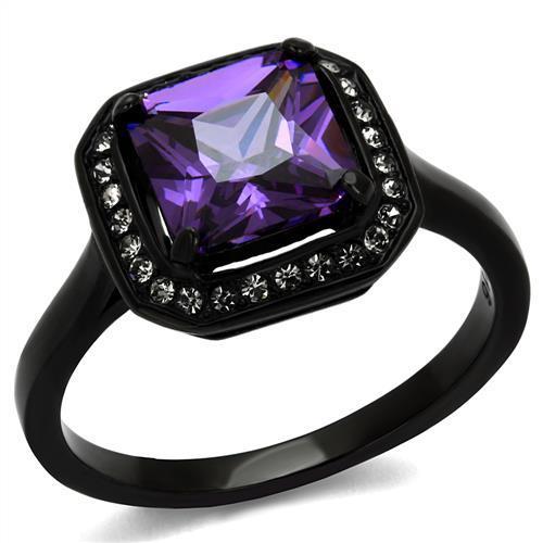 TK2487 IP Black Stainless Steel Ring featuring AAA Grade Amethyst CZ stone, showcasing a modern design with a sleek finish.