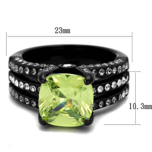 TK2491 IP Black Stainless Steel Ring featuring an AAA Grade CZ stone in apple green color, showcasing its elegant design and durable material.