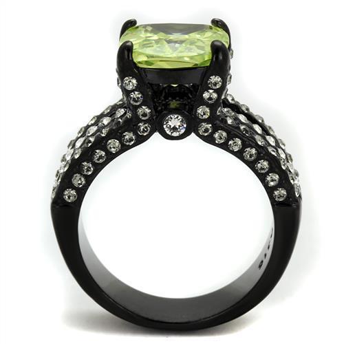 TK2491 IP Black Stainless Steel Ring featuring an AAA Grade CZ stone in apple green color, showcasing its elegant design and durable material.