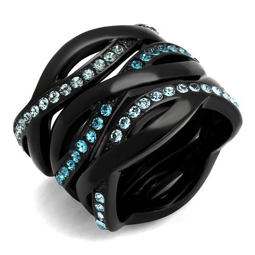 TK2492 IP Black Stainless Steel Ring featuring a sea blue top grade crystal, showcasing a sleek design and durable finish.