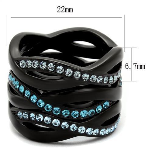 TK2492 IP Black Stainless Steel Ring featuring a sea blue top grade crystal, showcasing a sleek design and durable finish.