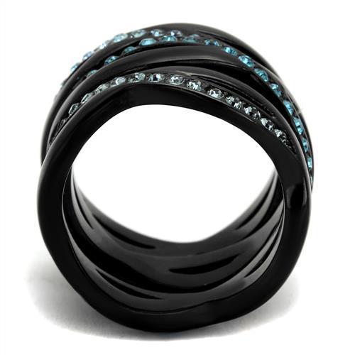 TK2492 IP Black Stainless Steel Ring featuring a sea blue top grade crystal, showcasing a sleek design and durable finish.