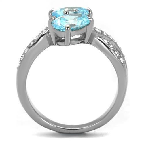 TK2501 High Polished Stainless Steel Ring featuring a vibrant AAA Grade Sea Blue CZ stone, showcasing its elegant design and shine.