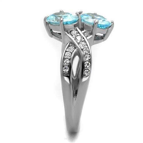 TK2501 High Polished Stainless Steel Ring featuring a vibrant AAA Grade Sea Blue CZ stone, showcasing its elegant design and shine.