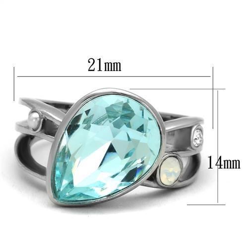 TK2502 High Polished Stainless Steel Ring featuring a stunning sea blue top grade crystal at the center, showcasing a sleek and modern design.