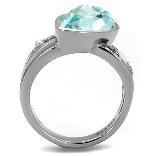 TK2502 High Polished Stainless Steel Ring featuring a stunning sea blue top grade crystal at the center, showcasing a sleek and modern design.