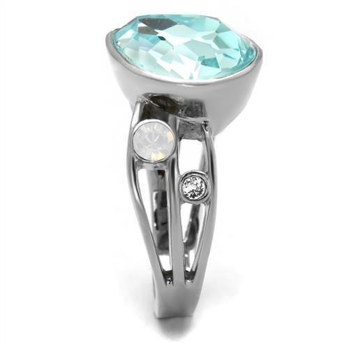 TK2502 High Polished Stainless Steel Ring featuring a stunning sea blue top grade crystal at the center, showcasing a sleek and modern design.