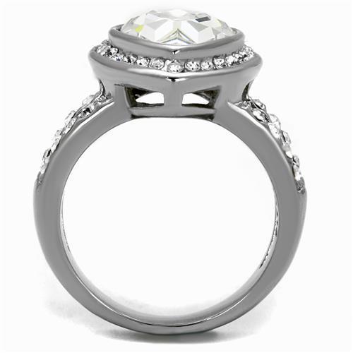 TK2504 High Polished Stainless Steel Ring featuring a clear top-grade crystal, showcasing its elegant design and shiny finish.