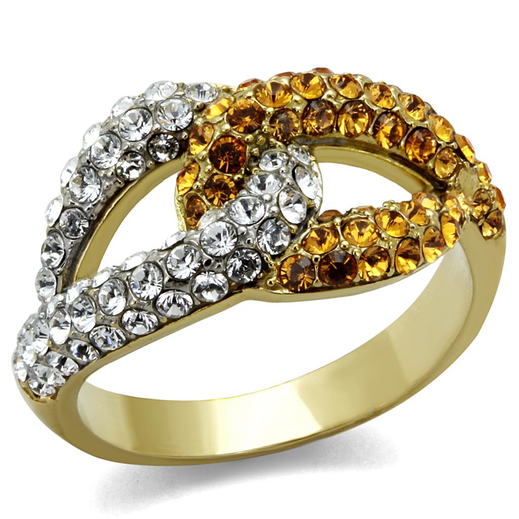 TK2251 Two-Tone IP Gold Stainless Steel Ring featuring a vibrant Topaz crystal centerpiece, showcasing elegance and durability.