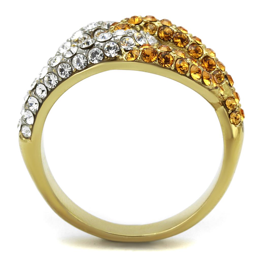 TK2251 Two-Tone IP Gold Stainless Steel Ring featuring a vibrant Topaz crystal centerpiece, showcasing elegance and durability.