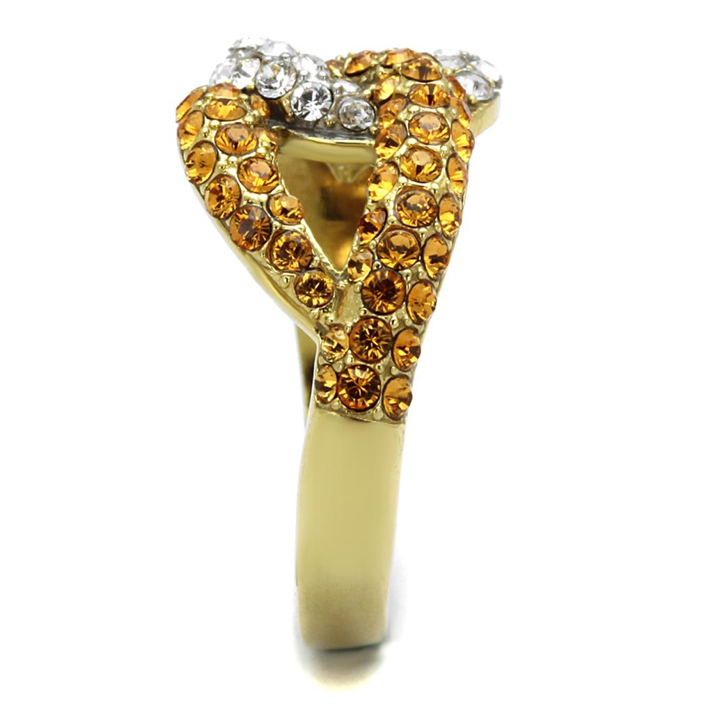 TK2251 Two-Tone IP Gold Stainless Steel Ring featuring a vibrant Topaz crystal centerpiece, showcasing elegance and durability.