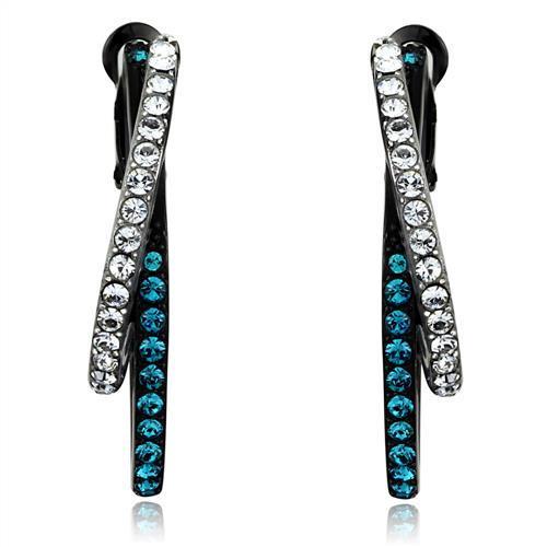 TK2533 Two-Tone IP Black Stainless Steel Earrings with blue zircon crystals, showcasing a modern and elegant design.