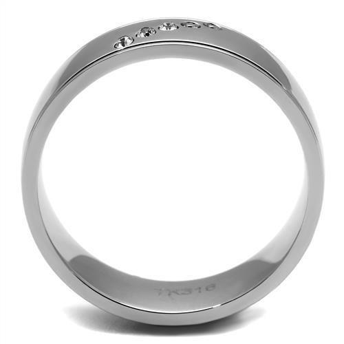 TK2564 High Polished Stainless Steel Ring featuring a clear top-grade crystal centerpiece, showcasing its elegant design and shiny finish.